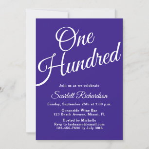 Invitation Cent Script violet 100e fête d'anniversaire