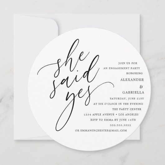 Invitation Cercle Blanc Script Elle A Dit Oui Partie Engageme (Devant)