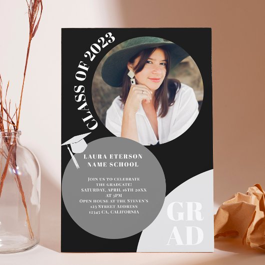 Invitation Cercle boho moderne noir chic 5 photos graduation