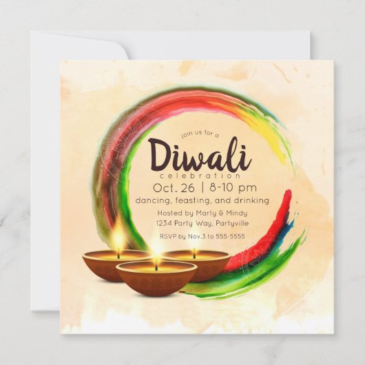 Invitation Cercle d'aquarelle Diwali Diyas (Devant)