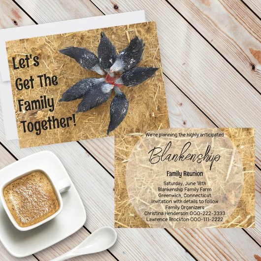 Invitation Cercle de poules noires et blanches mangeant de la