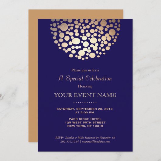 Invitation Cercle d'or élégant Sphère Bleu marine Formel (Devant / Derrière)
