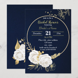 Invitation cercle floral or blanc marine bleu nuptiale