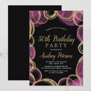 Invitation Cercle rose et or moderne Noir 50e anniversaire