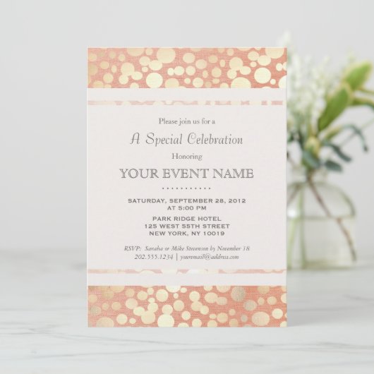 Invitation Cercles de papier d'aluminium doré faux et lin pêc (Debout devant)