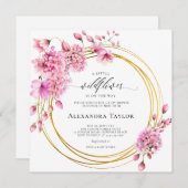 Invitation Cercles d'or fleur sauvage Boho rose bébé fille do (Devant / Derrière)