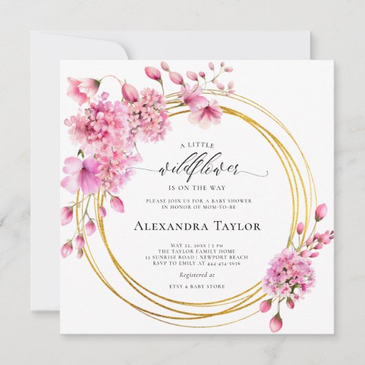 Invitation Cercles d'or fleur sauvage Boho rose bébé fille do (Devant)
