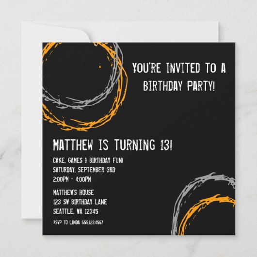Invitation Cercles gris et orange Grunge Boy Birthday Party (Devant)