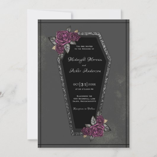 Invitation Cercueil Roses grises scintillantes noires Mariage (Devant)