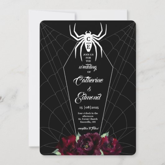 Invitation Cercueil Toile d'Araignée Noir Blanc Hallowedding (Devant)