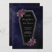 Invitation Cercueils Roses Éclat Bleu Nuit Mariage Halloween  (Devant / Derrière)