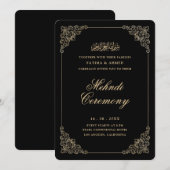 Invitation Cérémonie Antique Baroque Mehndi Noir Or Script (Devant / Derrière)
