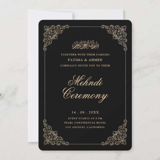 Invitation Cérémonie Antique Baroque Mehndi Noir Or Script (Devant)