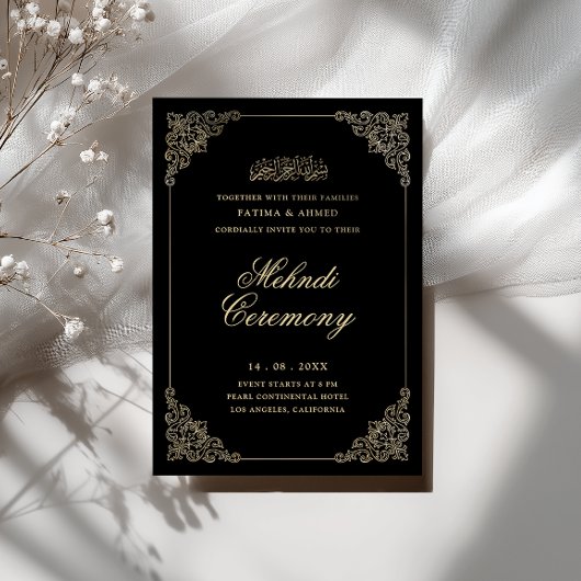 Invitation Cérémonie Antique Baroque Mehndi Noir Script Or