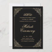Invitation Cérémonie Antique Baroque Mehndi Noir Script Or (Devant)