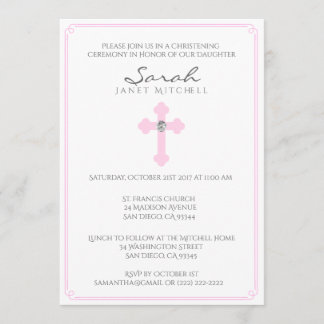 Invitation Cérémonie de baptême Croix rose Fille