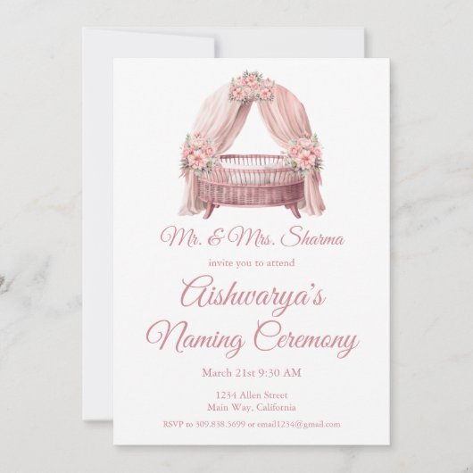 Invitation Cérémonie de baptême de fille rose (Devant)