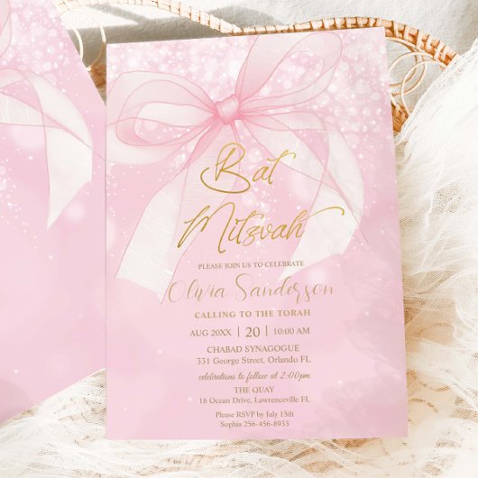 Invitation Cérémonie de Bat Mitzvah Coquette Ruban à Arc Rose