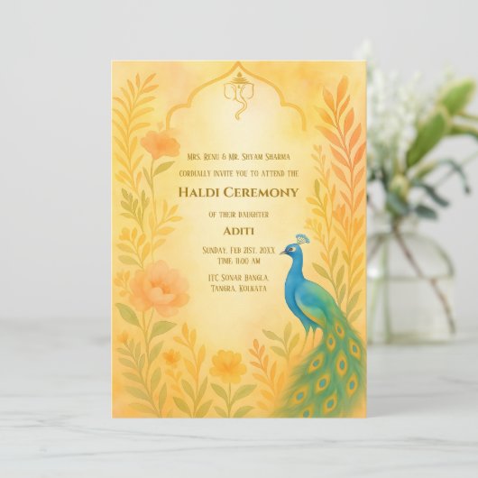 Invitation Cérémonie de la mariée indienne Haldi Peacock Flor (Debout devant)