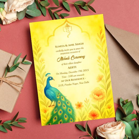 Invitation Cérémonie de la mariée indienne Mehndi Peacock Flo