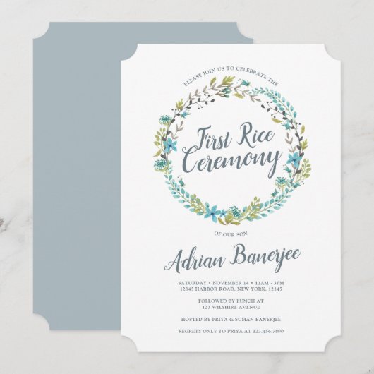 Invitation Cérémonie de la première couronne de riz bleu vert (Devant / Derrière)