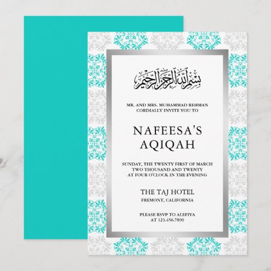 Invitation Cérémonie de l'Aqiqah islamique Turquoise Florale  (Devant / Derrière)