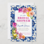 Invitation Cérémonie de mariage Carrelage Bleu Floral Citron (Devant)