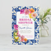 Invitation Cérémonie de mariage Carrelage Bleu Floral Citron (Debout devant)