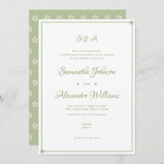 Invitation Cérémonie de mariage dans le jardin vert Script mi (Devant / Derrière)