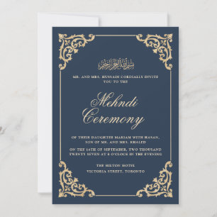 Invitation Cérémonie de Mehndi Henna Bleu Marine Baroque Vint