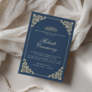 Invitation Cérémonie de Mehndi Henna Bleu Marine Baroque Vint