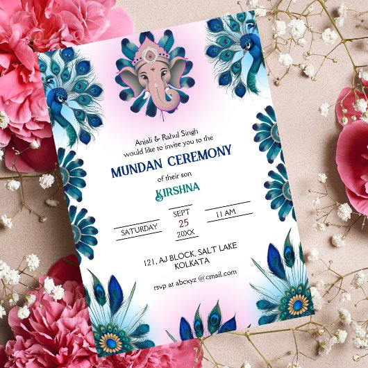 Invitation Cérémonie de Mundan logo Ganesha Peacock Design
