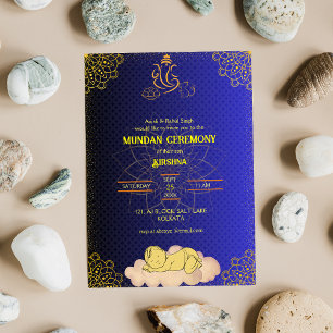 Invitation Cérémonie de Mundan logo Ganesha Royal Golden & Bl