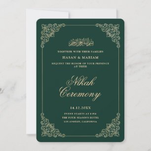 Invitation Cérémonie de Nikah Antique Baroque Or Vert Émeraud