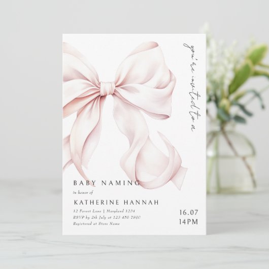 Invitation Cérémonie de Nommage de Bébé avec un Ruban Rose Mo (Debout devant)