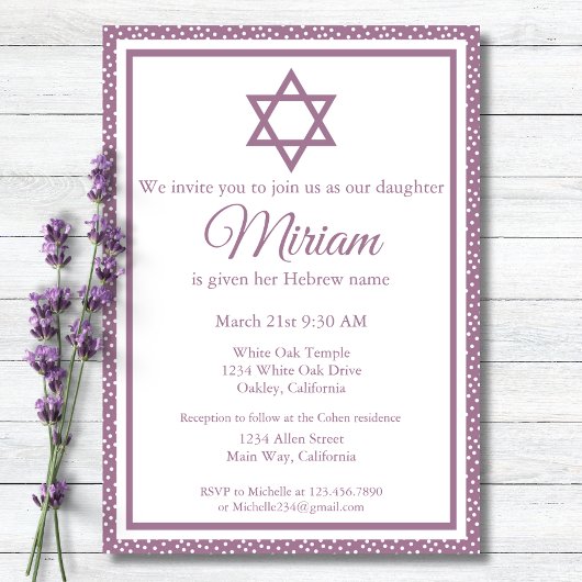 Invitation Cérémonie de Noms de Bébé Juif Violet Simchat Bat