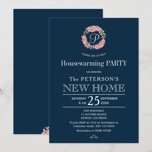 Invitation Cérémonie de réchauffage monogrammée rose marine (Devant / Derrière)