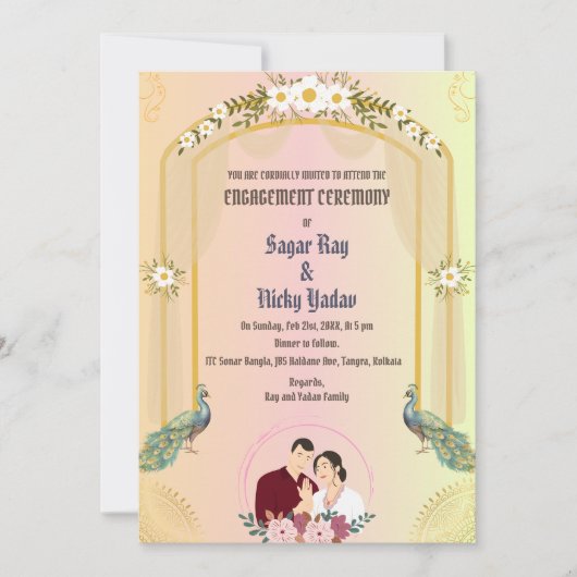 Invitation Cérémonie d'engagement hindou indienne Paon (Devant)