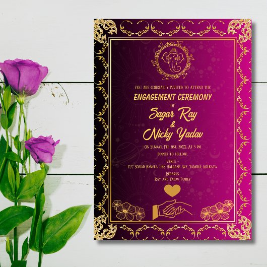 Invitation Cérémonie d'engagement hindou indienne rose et or