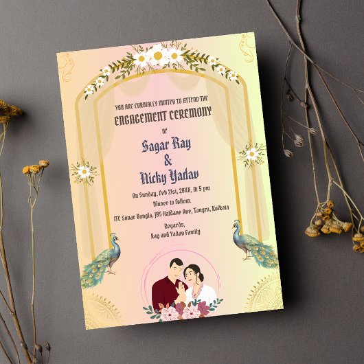 Invitation Cérémonie d'engagement hindoue indienne Paon