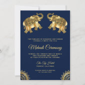 Invitation Cérémonie des éléphants Blue Gold Indian Henna Meh (Devant)