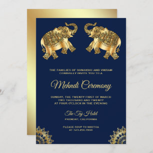 Invitation Cérémonie des éléphants Blue Gold Indian Henna Meh