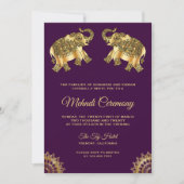 Invitation Cérémonie des éléphants d'or violet de henné indie (Devant)