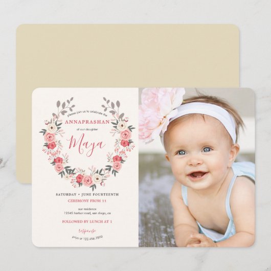 Invitation Cérémonie du premier riz de la couronne rose (Devant / Derrière)