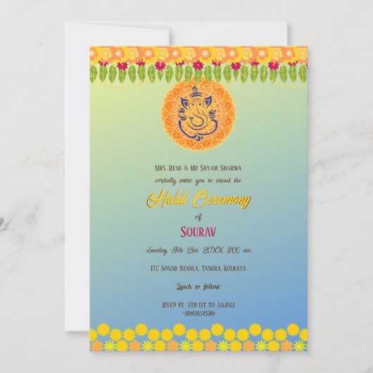 Invitation Cérémonie florale Haldi du marié hindou indien (Devant)