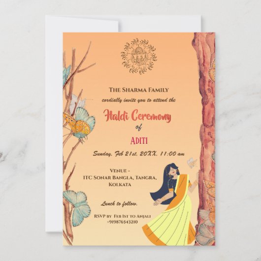 Invitation Cérémonie Haldi de la mariée hindoue indienne Papi (Devant)