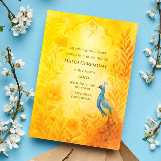 Invitation Cérémonie Haldi de la mariée indienne thème Paon F