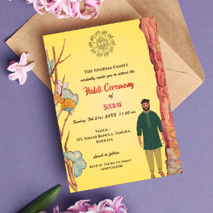Invitation Cérémonie Haldi du marié hindou indien papillon