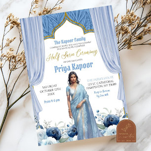 Invitation Cérémonie Indienne de Fille en Demi-Sari Bleu Pous
