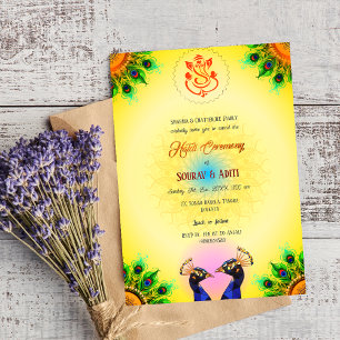 Invitation Cérémonie indienne Haldi Couple hindou Paon
